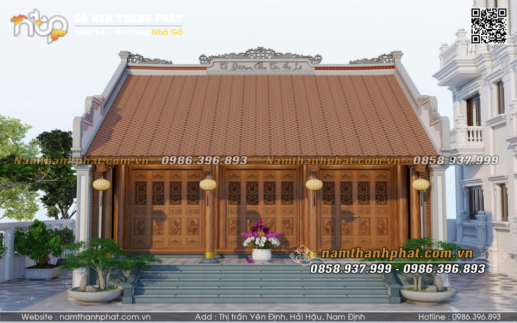 Nhà gỗ cấp 4, 3 gian kết hợp tường xây